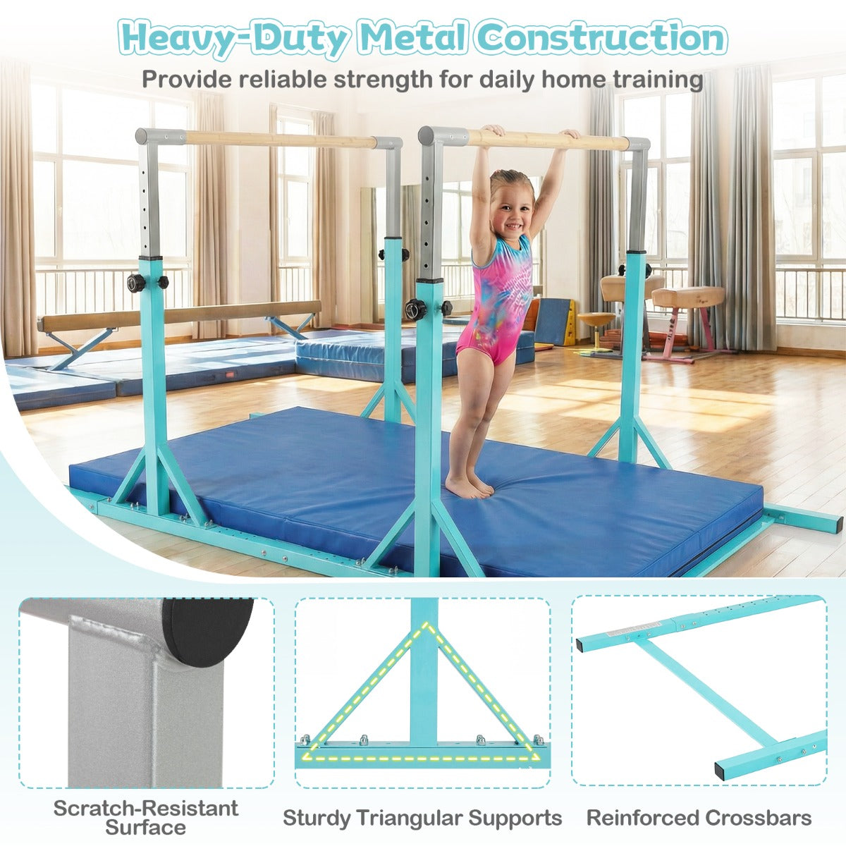 Livsk costway dubbele horizontale stangen voor kinderen 250 cm junior gymnastiekbrug met hoogteverstelling van 845 1445 cm en 6 voudige breedteverstelling