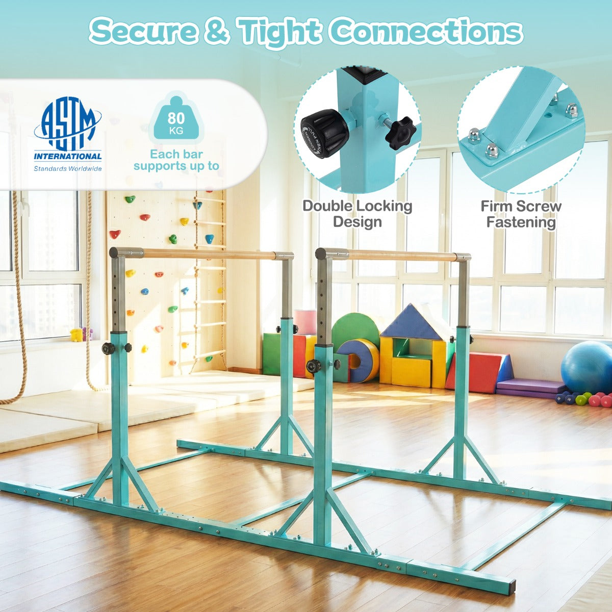Livsk costway dubbele horizontale stangen voor kinderen 250 cm junior gymnastiekbrug met hoogteverstelling van 845 1445 cm en 6 voudige breedteverstelling