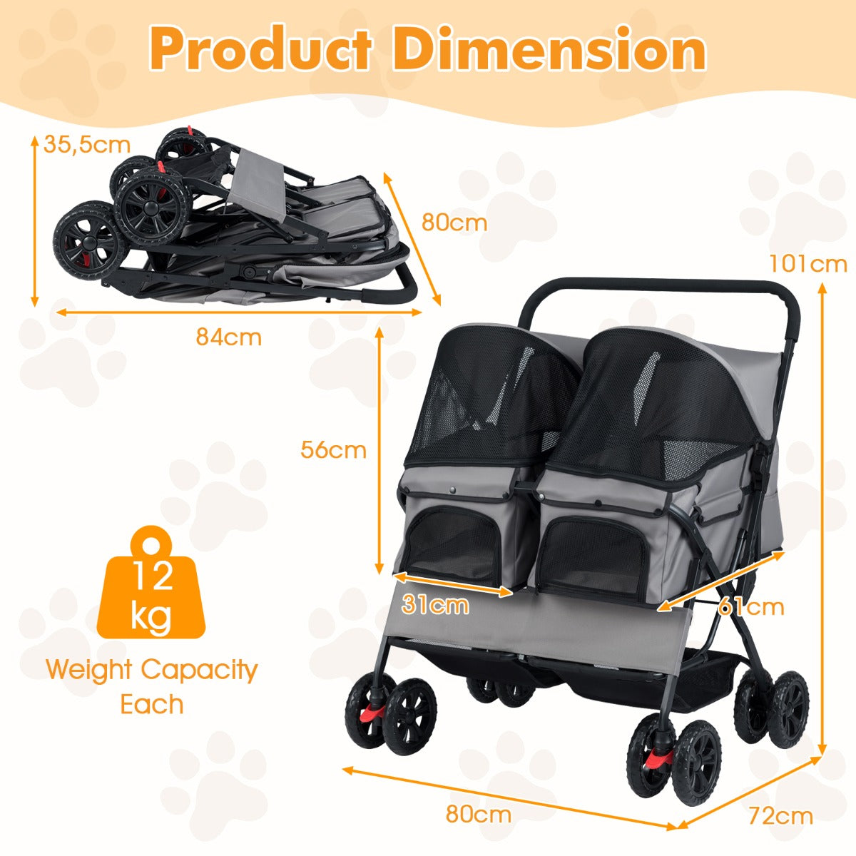 Livsk costway dubbele kinderwagen met 4 wielen voor honden opvouwbare jogger voor honden met 2 zitplaatsen grijs 1 1
