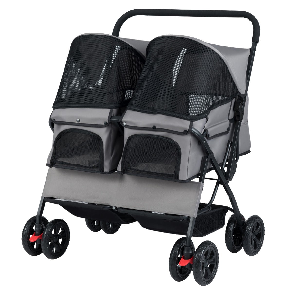 Livsk costway dubbele kinderwagen met 4 wielen voor honden opvouwbare jogger voor honden met 2 zitplaatsen grijs