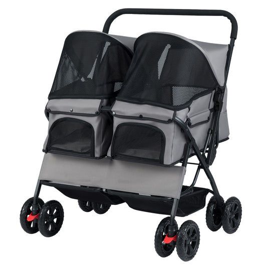 Livsk costway dubbele kinderwagen met 4 wielen voor honden opvouwbare jogger voor honden met 2 zitplaatsen grijs