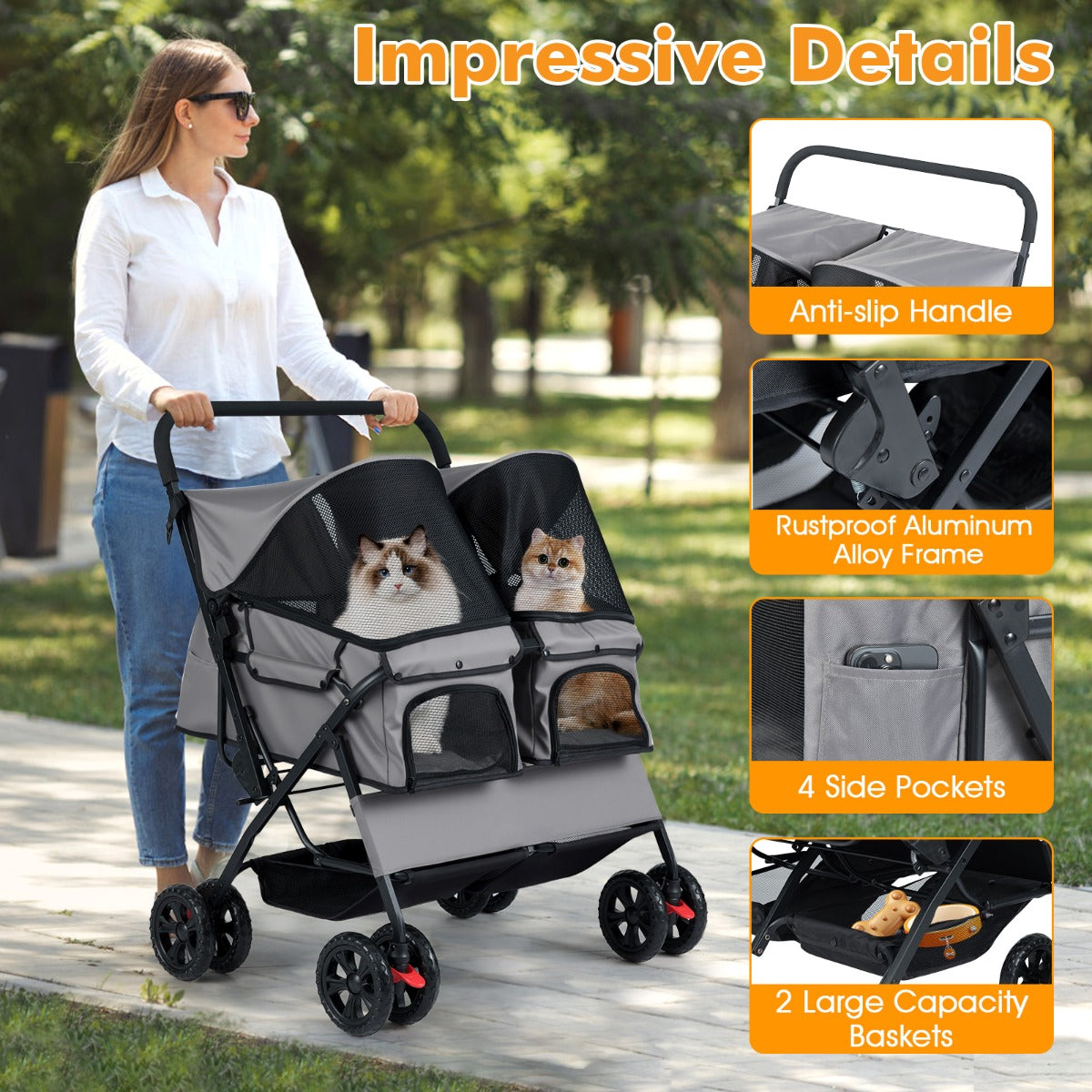 Livsk costway dubbele kinderwagen met 4 wielen voor honden opvouwbare jogger voor honden met 2 zitplaatsen grijs 5