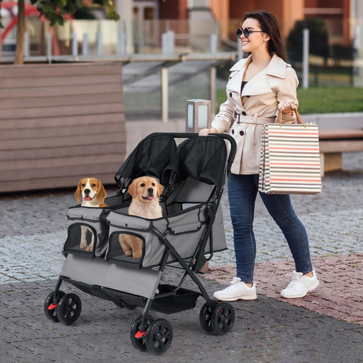 Livsk costway dubbele kinderwagen met 4 wielen voor honden opvouwbare jogger voor honden met 2 zitplaatsen grijs 6