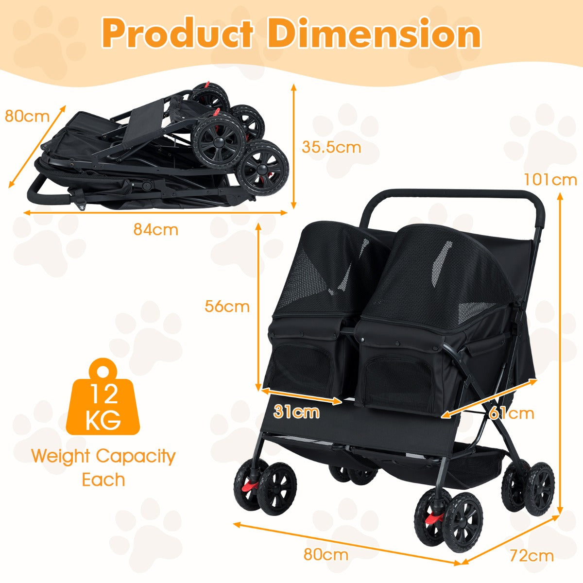 Livsk costway dubbele kinderwagen met 4 wielen voor honden opvouwbare jogger voor honden met 2 zitplaatsen zwart 1 1