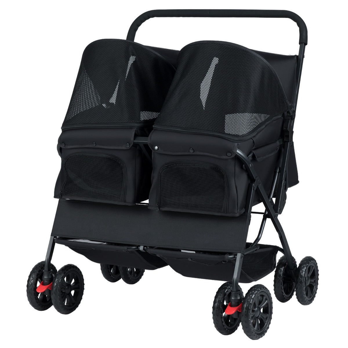 Livsk costway dubbele kinderwagen met 4 wielen voor honden opvouwbare jogger voor honden met 2 zitplaatsen zwart