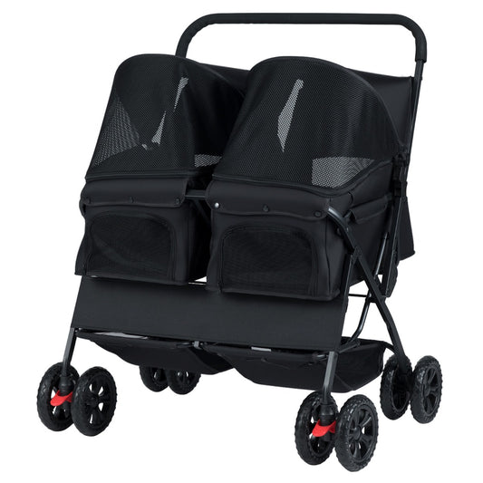 Livsk costway dubbele kinderwagen met 4 wielen voor honden opvouwbare jogger voor honden met 2 zitplaatsen zwart