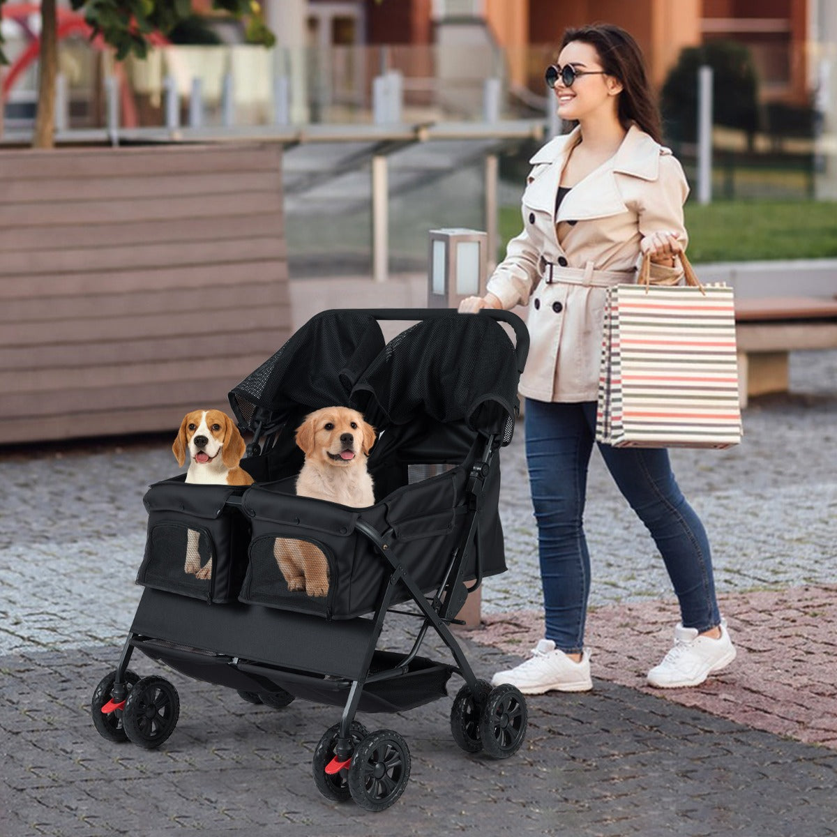Livsk costway dubbele kinderwagen met 4 wielen voor honden opvouwbare jogger voor honden met 2 zitplaatsen zwart 6