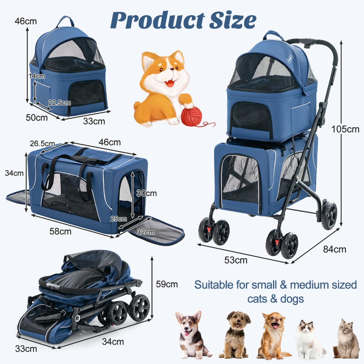 LIVSK 3-in-1 Kinderwagen voor Huisdieren - Opvouwbaar - Afneembare Dragers - Ademend Gaas - 53 x 84 x 105 cm - Blauw