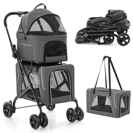 LIVSK 3-in-1 Kinderwagen voor Huisdieren - Opvouwbaar met 2 Afneembare Dragers - Ademend Gaas - Veiligheidsgordel - Grijs