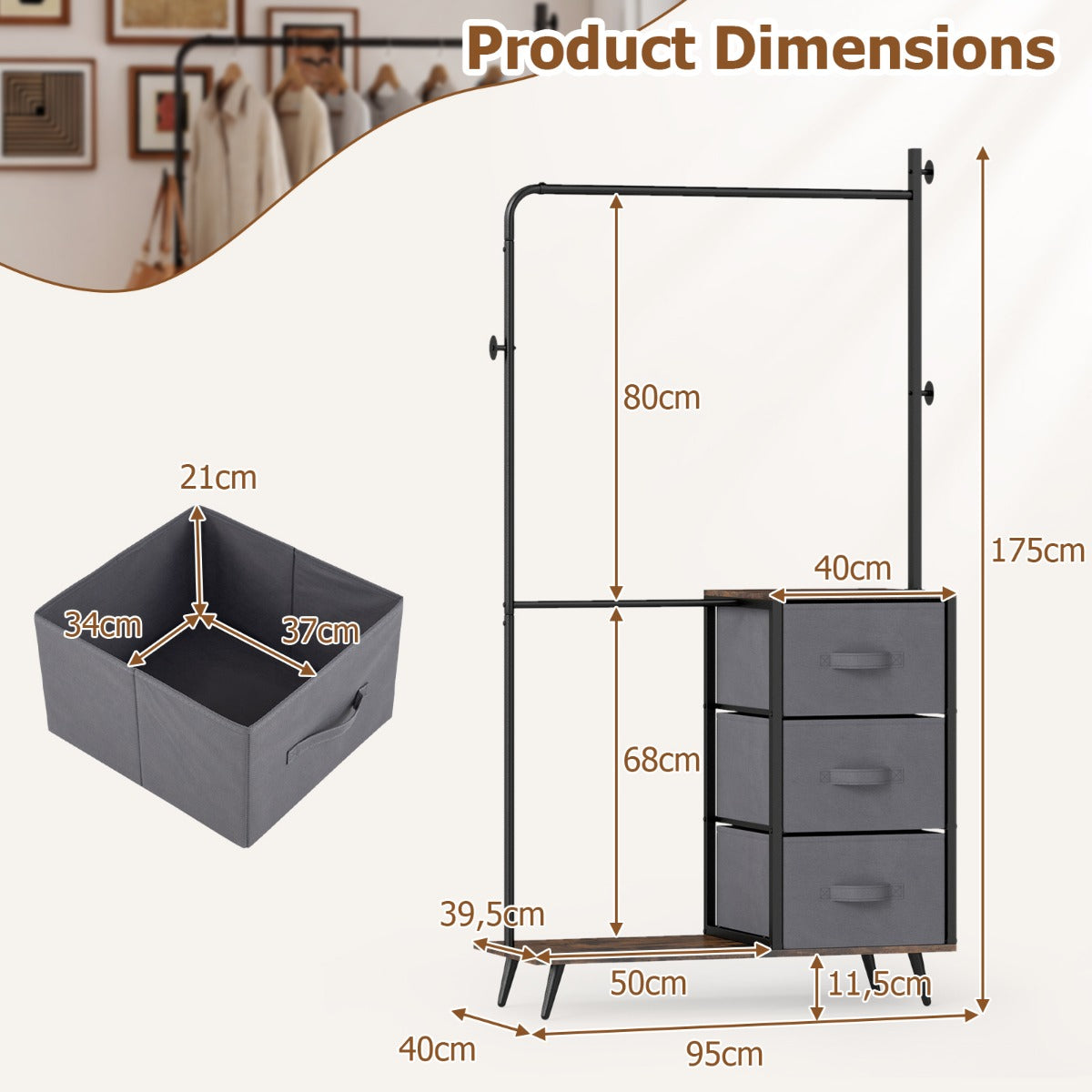 Livsk costway dubbele kledingstang om kleding op te hangen kledingrek met 2 opbergvakken 3 zijhaken en 3 stoffen lades vrijstaande kledingorganizer
