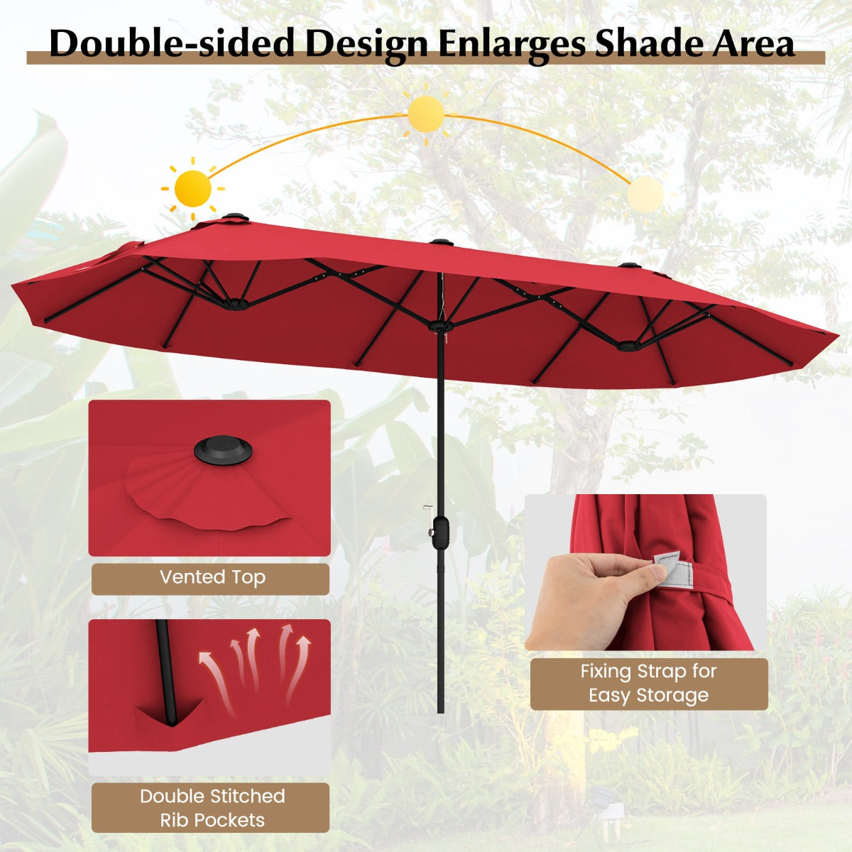 LIVSK Dubbele Terrasparasol - 396 x 201 cm - Ventilatiegat - Weerbestendig Doek - Stabiel Frame - Opvulbare Voet - Grijs