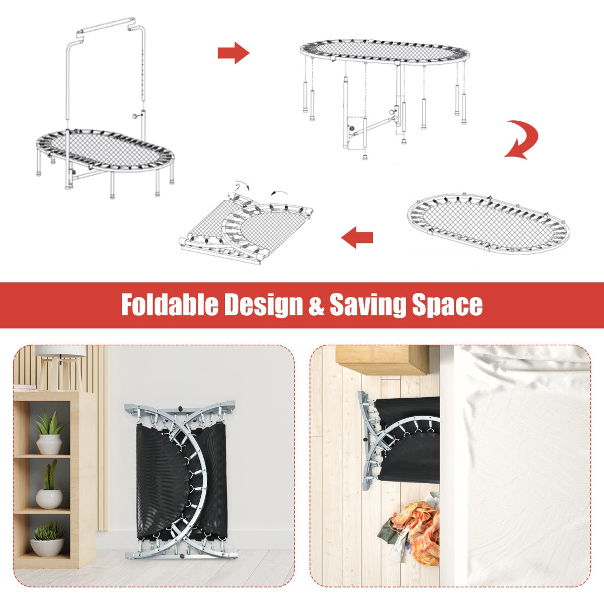 LIVSK Dubbele Trampoline - Geschikt voor 2 Personen - 32 Sterke Veren - Verstelbaar Handvat - Tot 150 kg - Rood