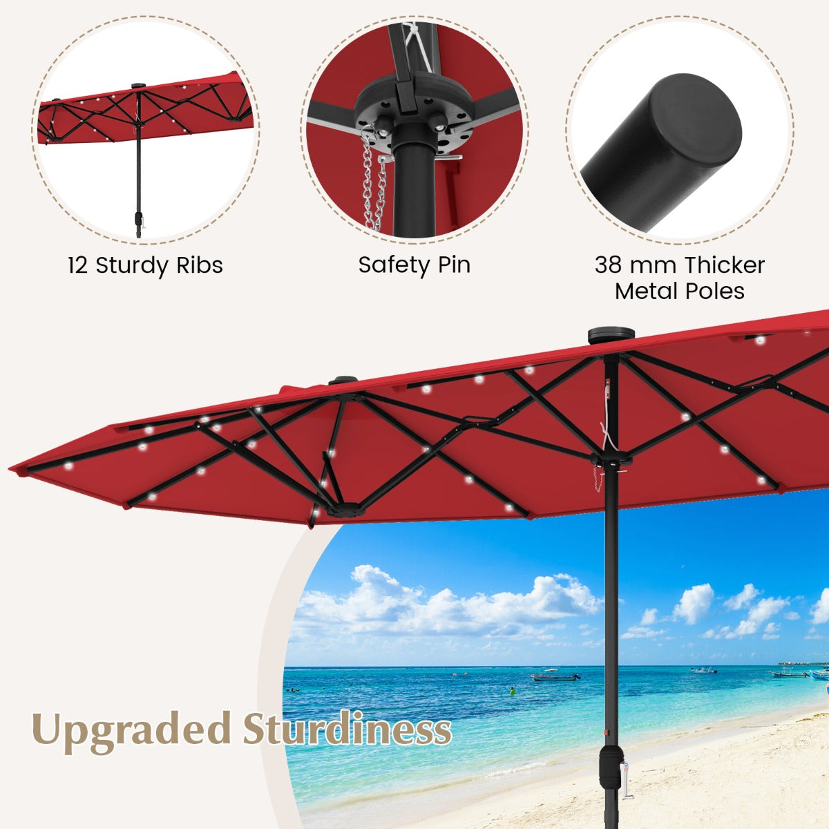 LIVSK Dubbele Tuinparasol met LED Verlichting - 400 x 200 cm - Stevige Metalen Structuur - Eenvoudige Installatie - Wijnrood