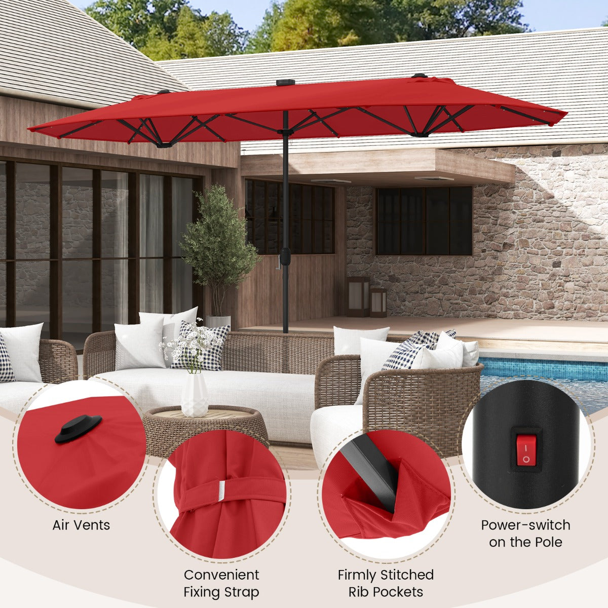 LIVSK Dubbele Tuinparasol met LED Verlichting - 400 x 200 cm - Stevige Metalen Structuur - Eenvoudige Installatie - Wijnrood