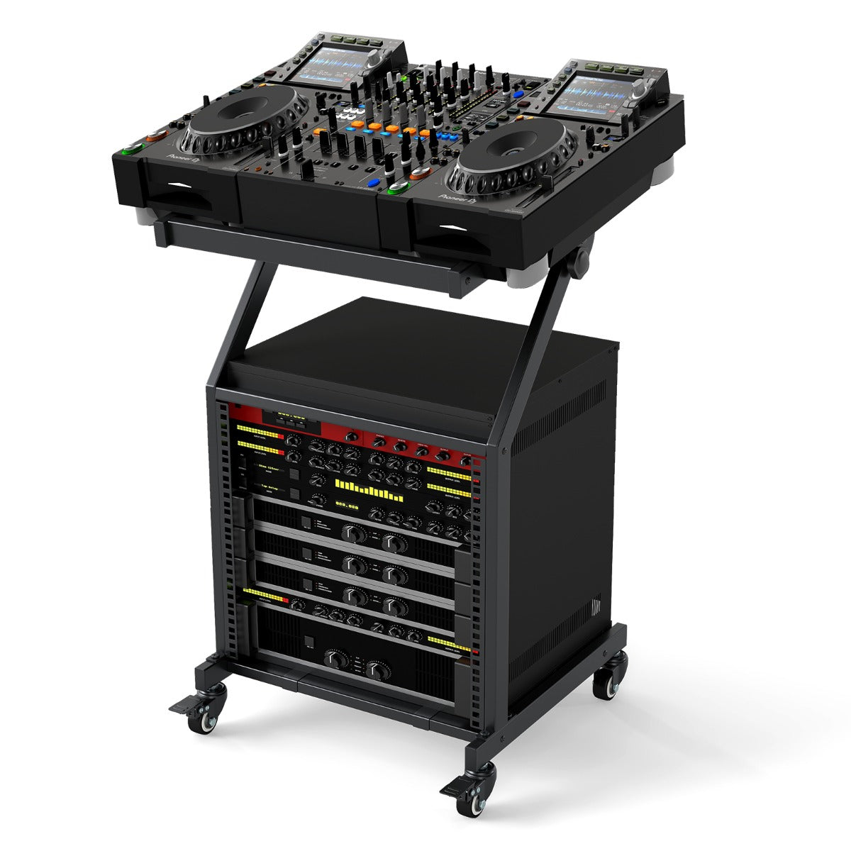 Livsk costway dubbelwandig audiorek 9u dj mixerstandaard met verstelbare dwarsbalk en vergrendelbare zwenkwielen