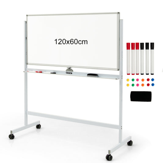LIVSK Dubbelzijdig Magnetisch Mobiel Whiteboard - Hoogte Verstelbaar - Rollend met Vergrendelbare Wielen - Inclusief Markers - Wit