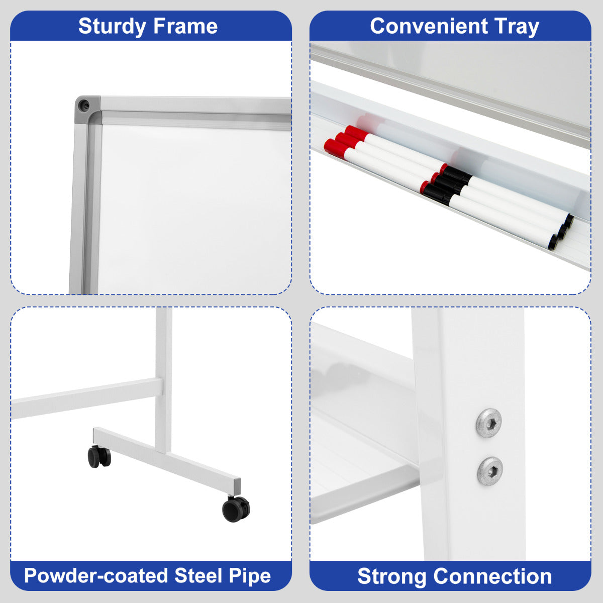 LIVSK Dubbelzijdig Magnetisch Mobiel Whiteboard - Hoogte Verstelbaar - Rollend met Vergrendelbare Wielen - Inclusief Markers - Wit