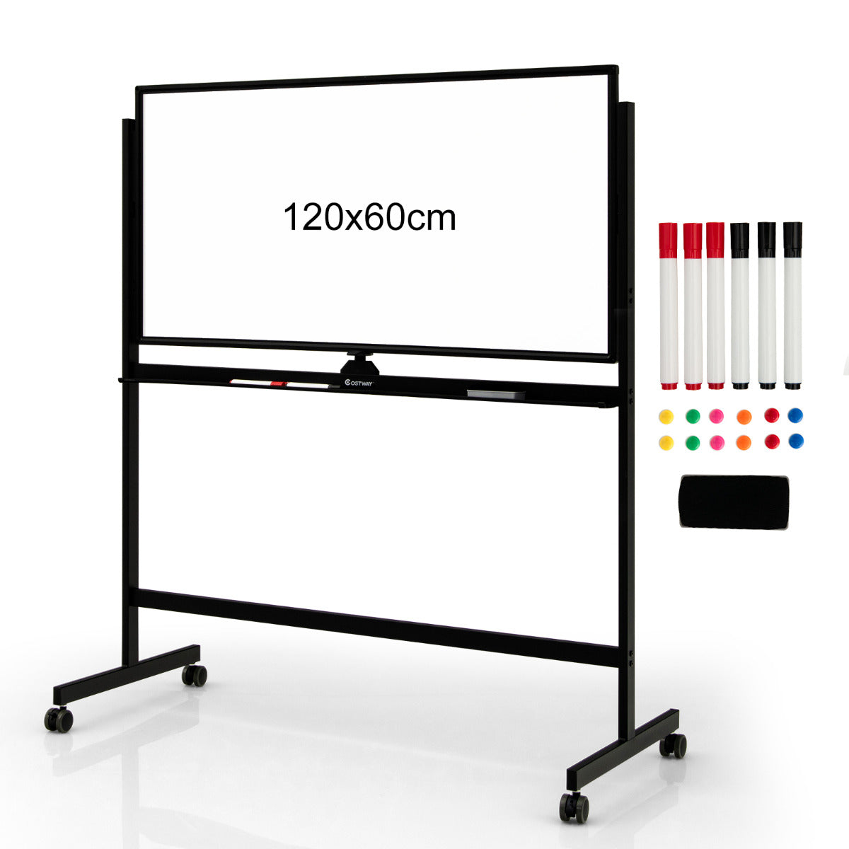 LIVSK Dubbelzijdig Magnetisch Mobiel Whiteboard - 2 Verstelbare Hoogtes - 360° Draaibaar - Inclusief 6 Markers en Magneten - Zwart