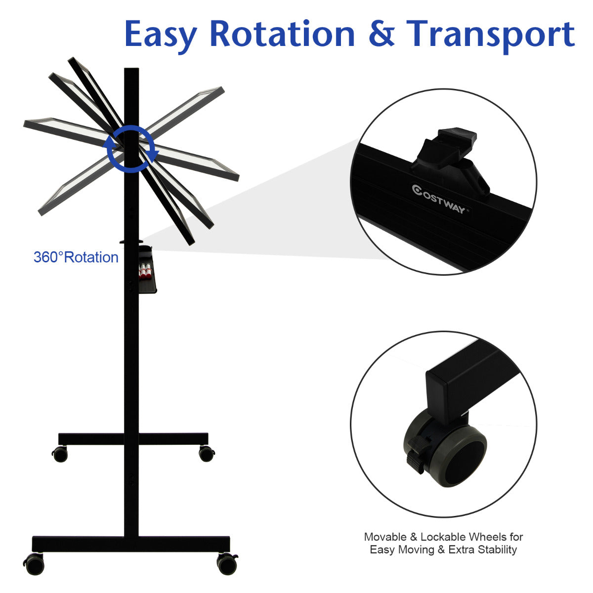 LIVSK Dubbelzijdig Magnetisch Mobiel Whiteboard - 2 Verstelbare Hoogtes - 360° Draaibaar - Inclusief 6 Markers en Magneten - Zwart