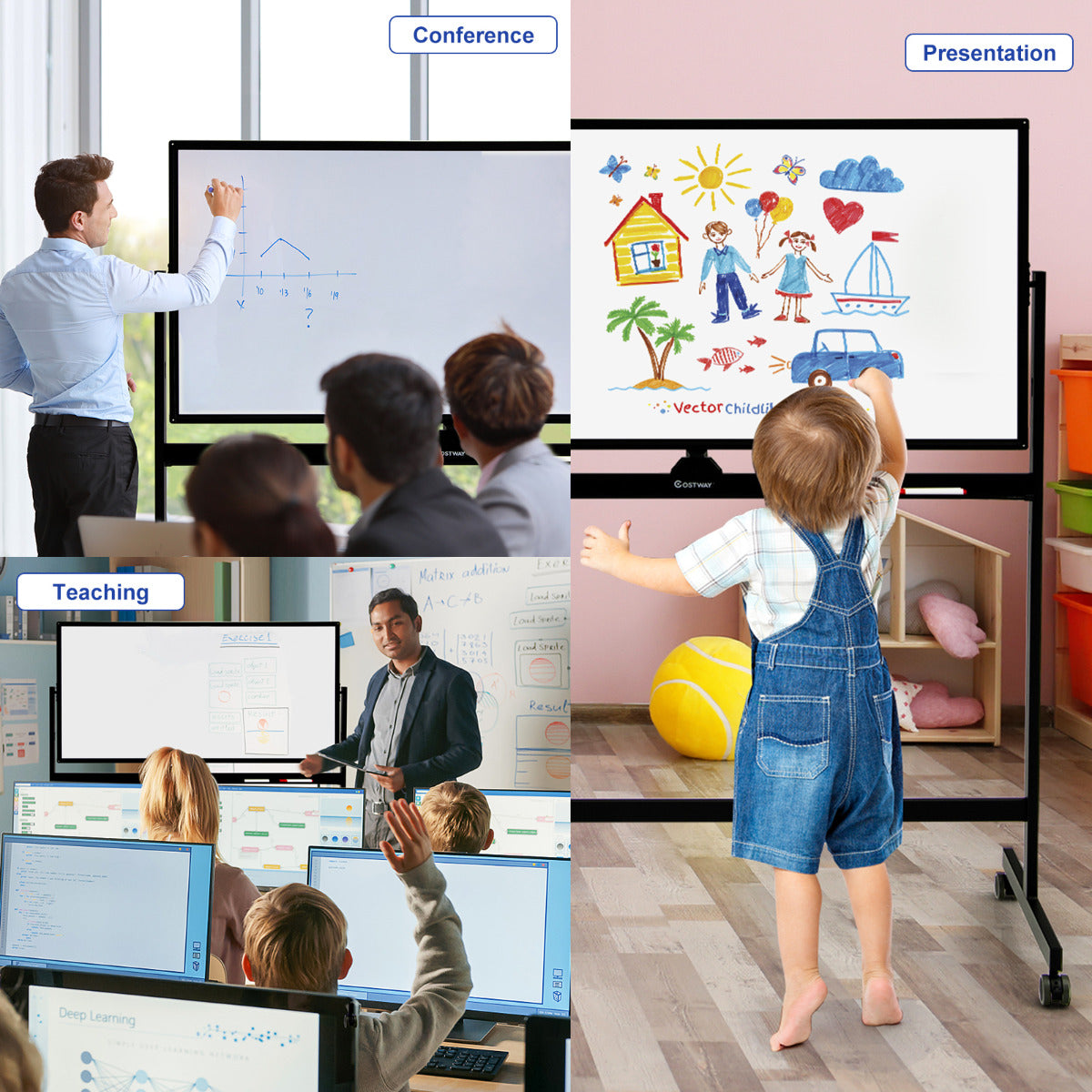 LIVSK Dubbelzijdig Magnetisch Mobiel Whiteboard - 2 Verstelbare Hoogtes - 360° Draaibaar - Inclusief 6 Markers en Magneten - Zwart