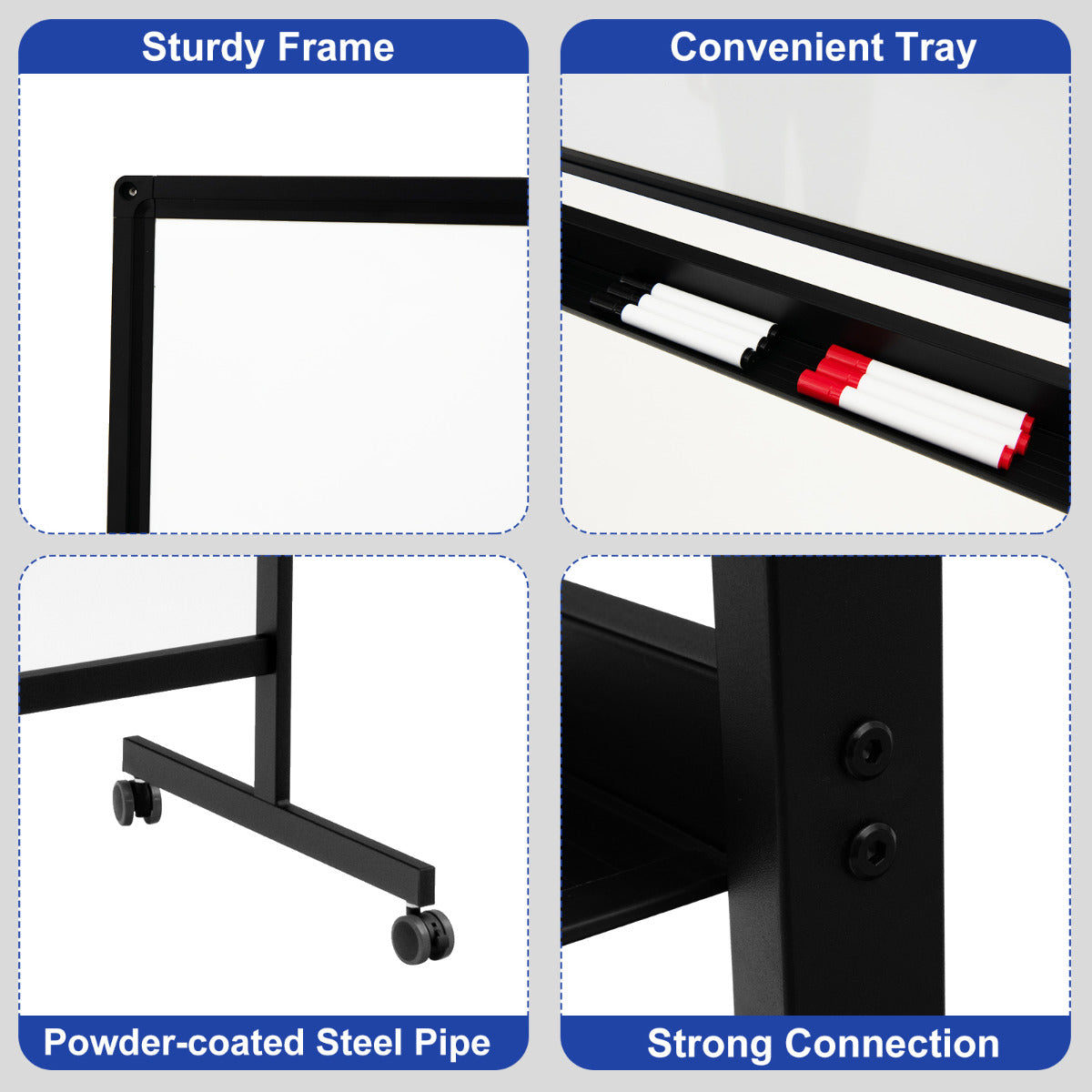 LIVSK Dubbelzijdig Magnetisch Mobiel Whiteboard - 2 Verstelbare Hoogtes - 360° Draaibaar - Inclusief 6 Markers en Magneten - Zwart