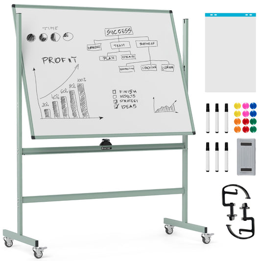 LIVSK Dubbelzijdig Verstelbaar Whiteboard - Mobiel met Hoogteverstelling tot 180 cm - Inclusief Plankje en 4 Wielen - Grijsgroen