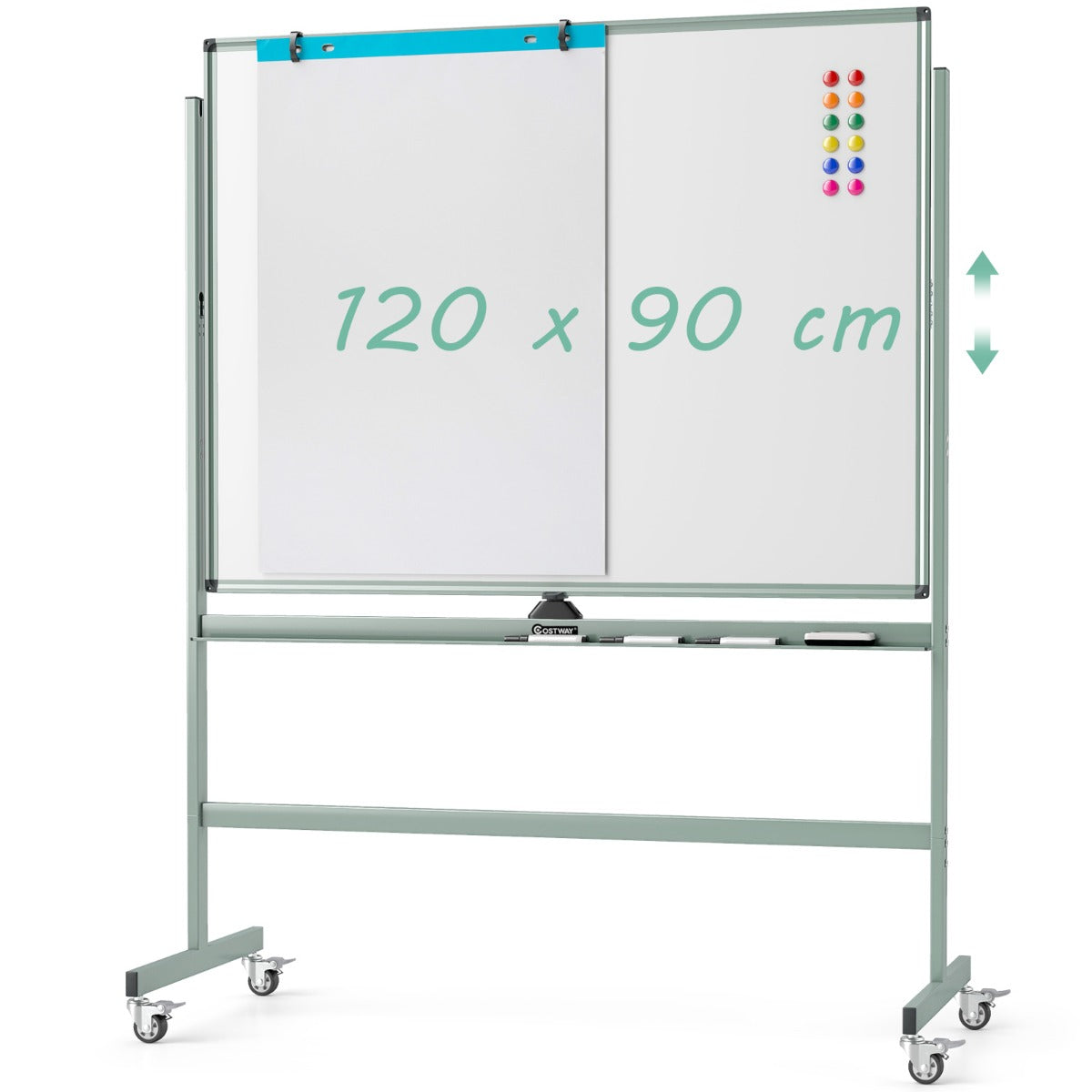 LIVSK Dubbelzijdig Verstelbaar Whiteboard - Mobiel met Hoogteverstelling tot 180 cm - Inclusief Plankje en 4 Wielen - Grijsgroen