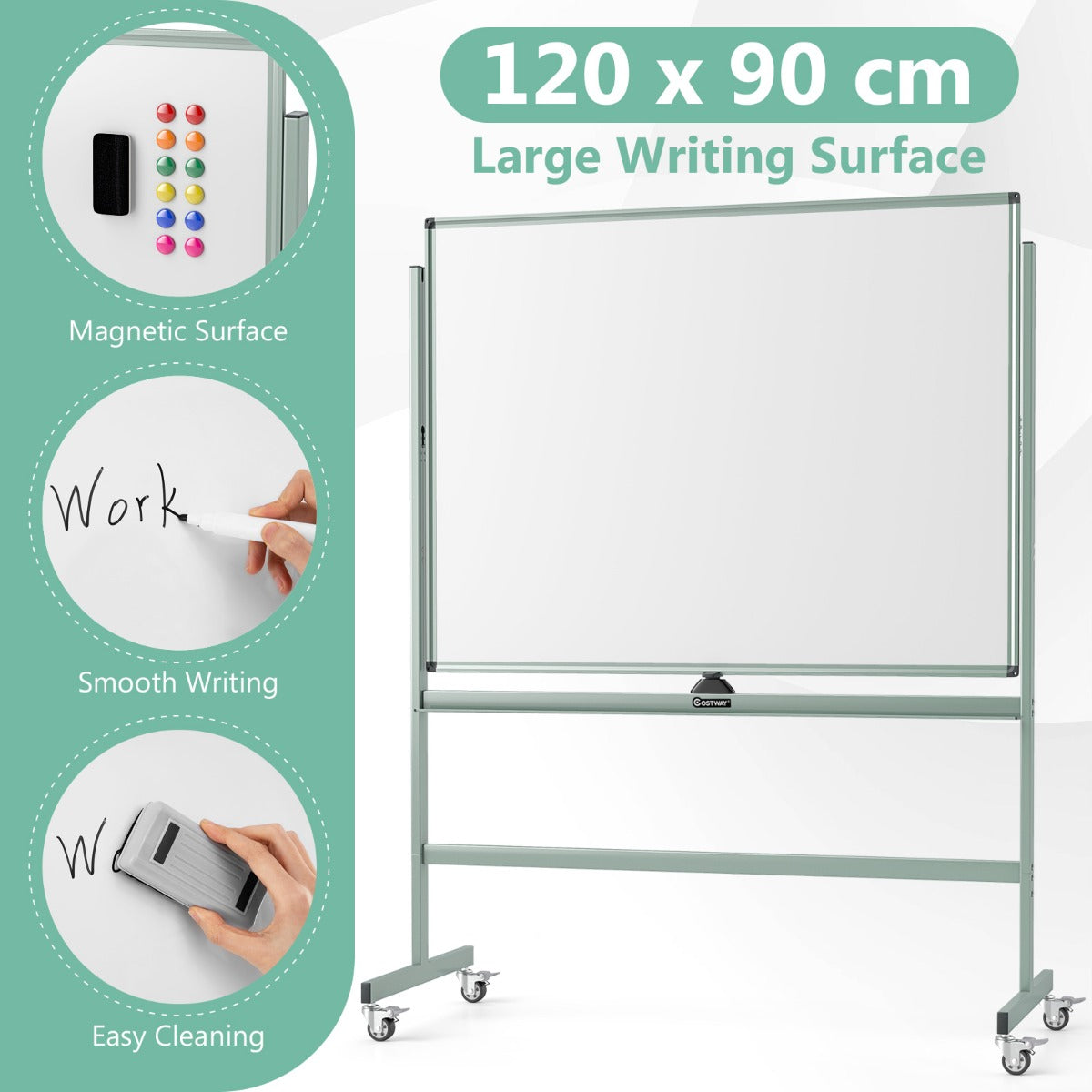 LIVSK Dubbelzijdig Verstelbaar Whiteboard - Mobiel met Hoogteverstelling tot 180 cm - Inclusief Plankje en 4 Wielen - Grijsgroen