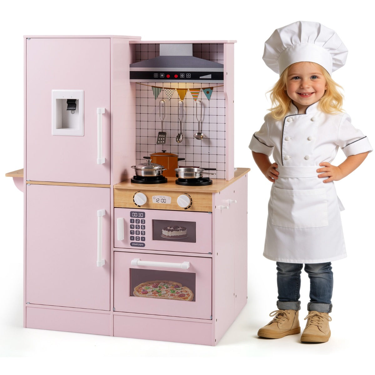 Livsk costway dubbelzijdige kinderkeuken houten speelkeukenset met waterdispenser afzuigkap magnetron en kookgerei roze