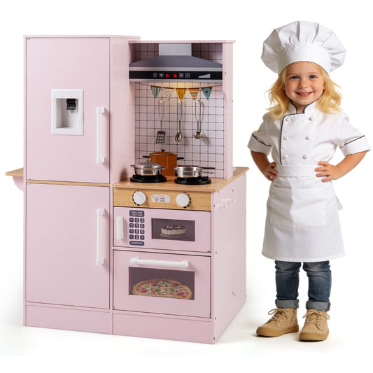 Livsk costway dubbelzijdige kinderkeuken houten speelkeukenset met waterdispenser afzuigkap magnetron en kookgerei roze