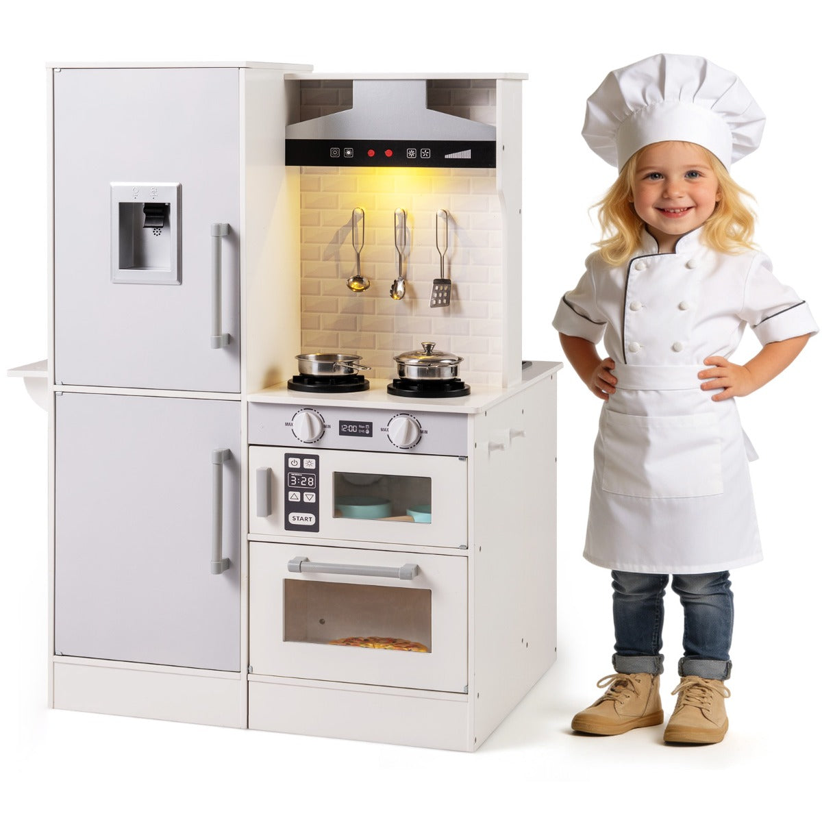 Livsk costway dubbelzijdige kinderkeuken houten speelkeukenset met waterdispenser afzuigkap magnetron en kookgerei wit