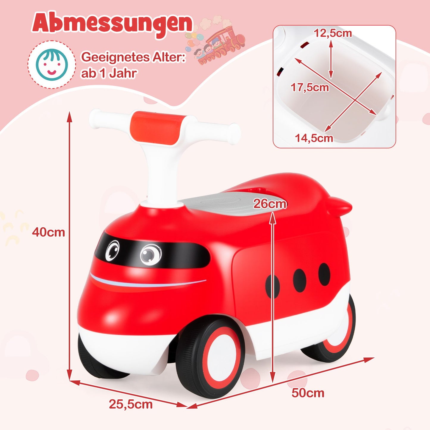 LIVSK Interactieve Glijauto voor Peuters - Traingeluiden - Opbergruimte - Duurzame Wielen - Voor 19-36 maanden - Rood