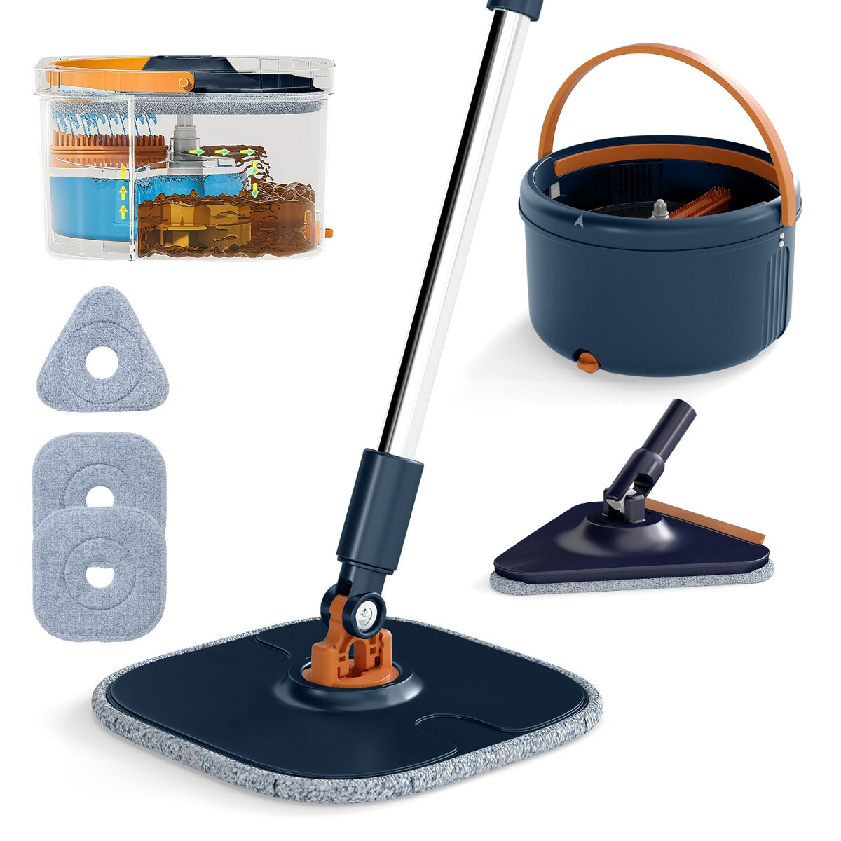 Livsk costway dweil en emmerset met wringer 2 koppen 9 microvezeldoeken nat en droog reinigen marineblauw marineblauw 1