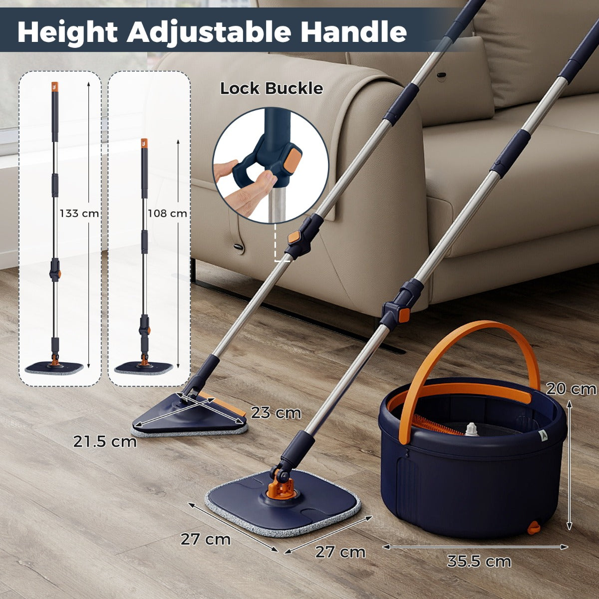 Livsk costway dweil en emmerset met wringer 2 koppen 9 microvezeldoeken nat en droog reinigen marineblauw marineblauw