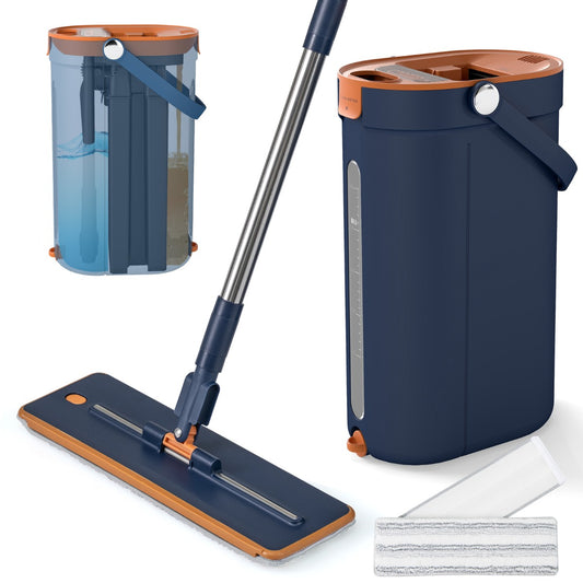 Livsk costway dweil en emmerset met wringfunctie dweilemmer met drie compartimenten marineblauw