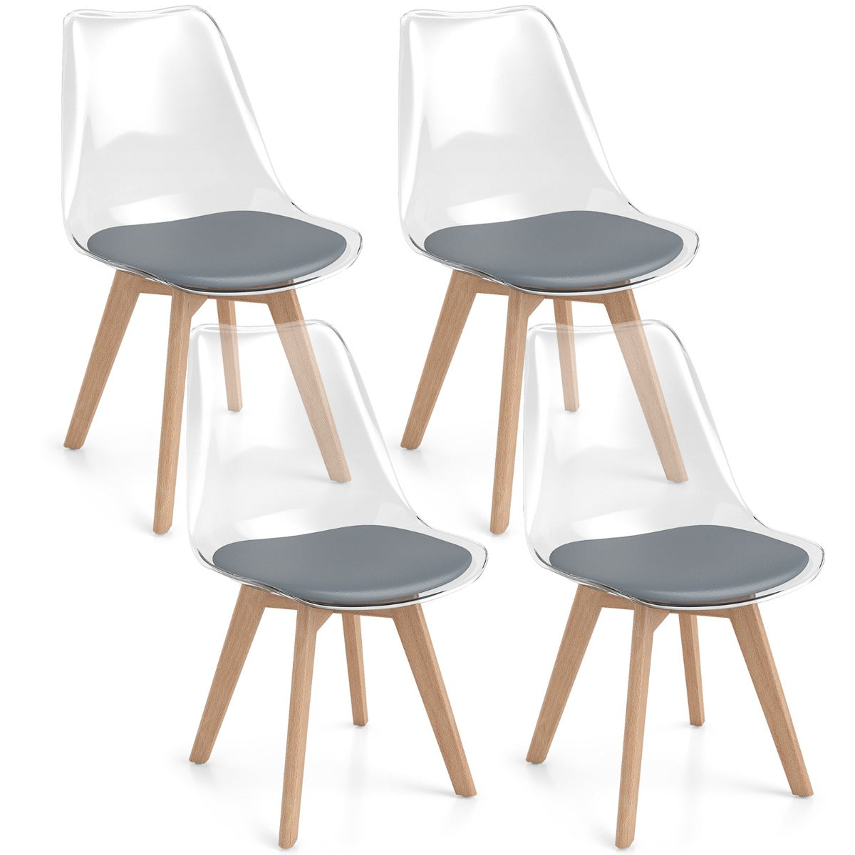 Livsk costway een set van 4 transparante eetkamerstoelen moderne ghost stoelen zonder armleuningen grijs