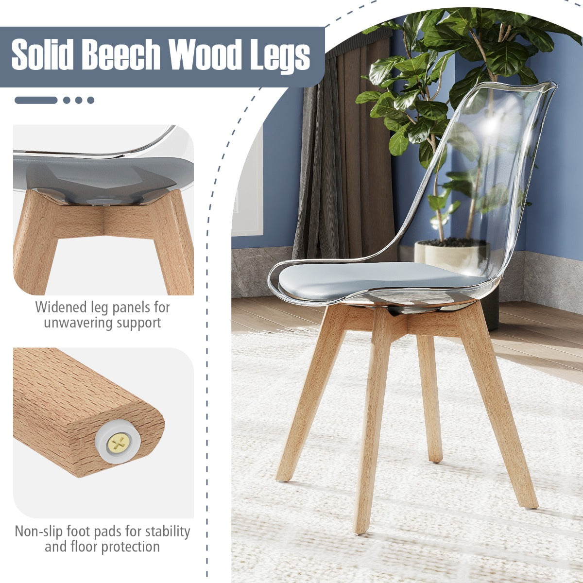 Livsk costway een set van 4 transparante eetkamerstoelen moderne ghost stoelen zonder armleuningen grijs 3