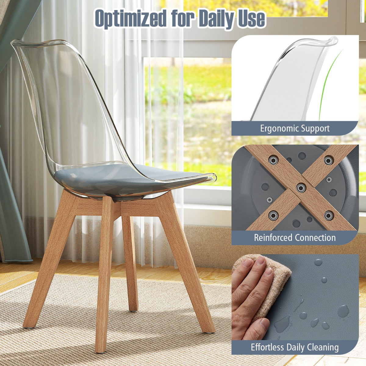 Livsk costway een set van 4 transparante eetkamerstoelen moderne ghost stoelen zonder armleuningen grijs 4