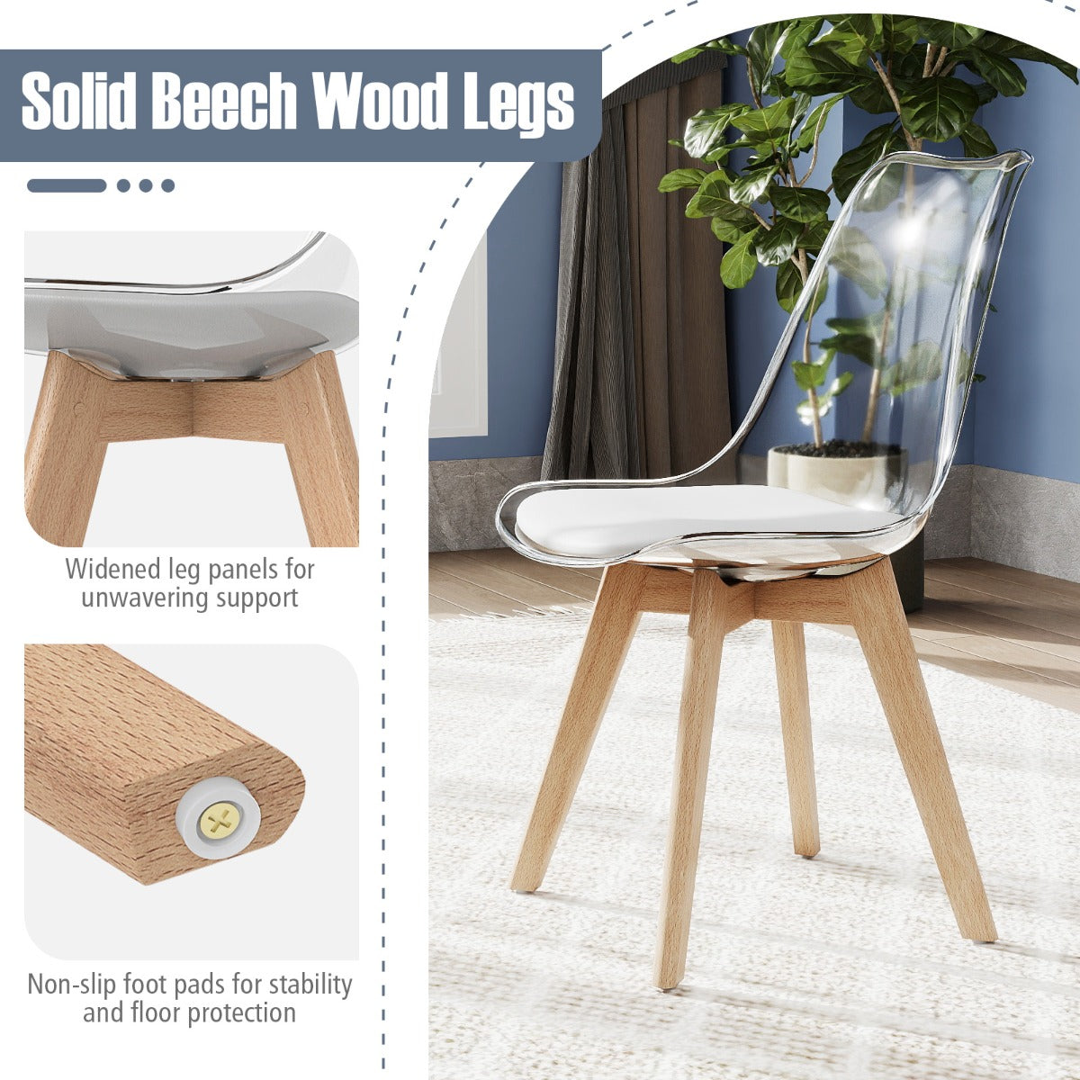 Livsk costway een set van 4 transparante eetkamerstoelen moderne ghost stoelen zonder armleuningen wit 3