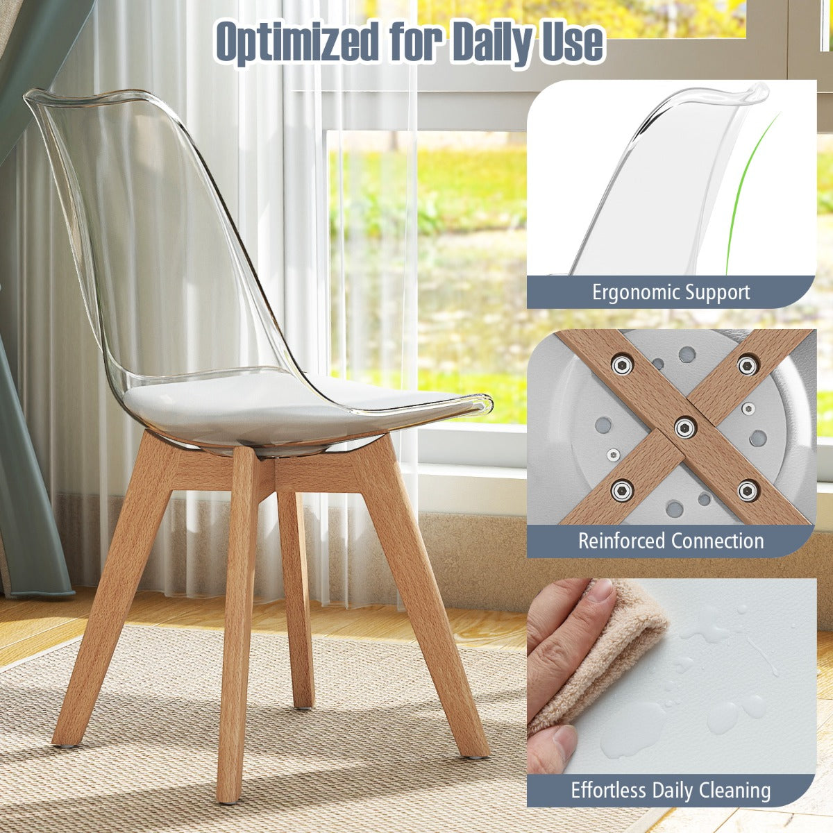 Livsk costway een set van 4 transparante eetkamerstoelen moderne ghost stoelen zonder armleuningen wit 4