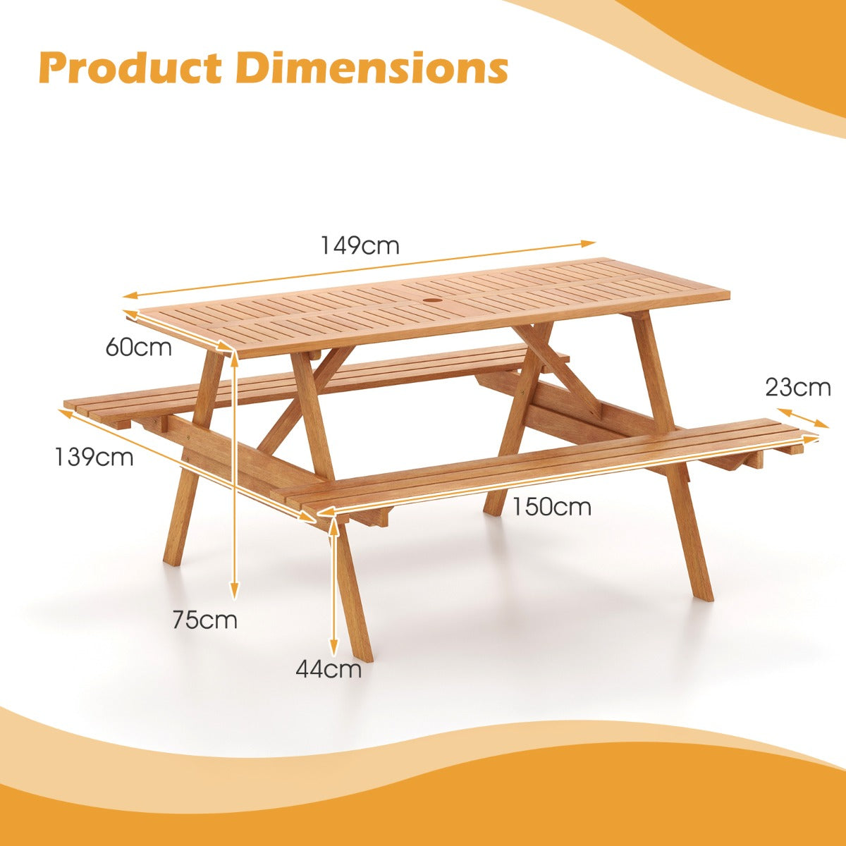 LIVSK Picknicktafel en Bank Set - Voor 6 Personen - Massief Hardhout - Parasolkraag - Natuurlijke Houtkleur