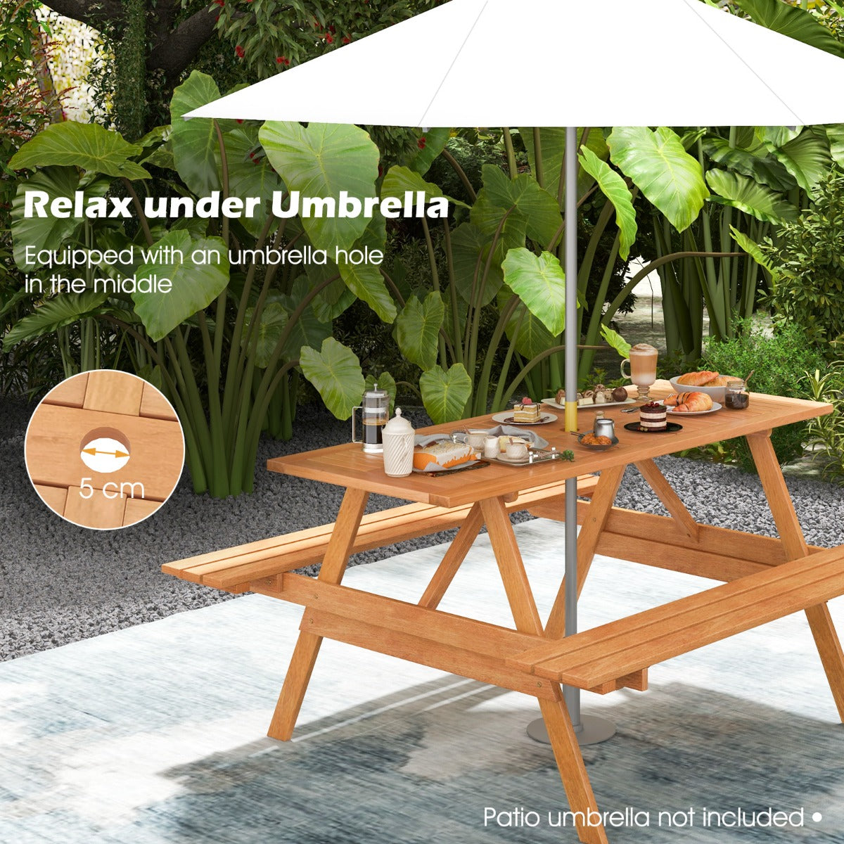 LIVSK Picknicktafel en Bank Set - Voor 6 Personen - Massief Hardhout - Parasolkraag - Natuurlijke Houtkleur