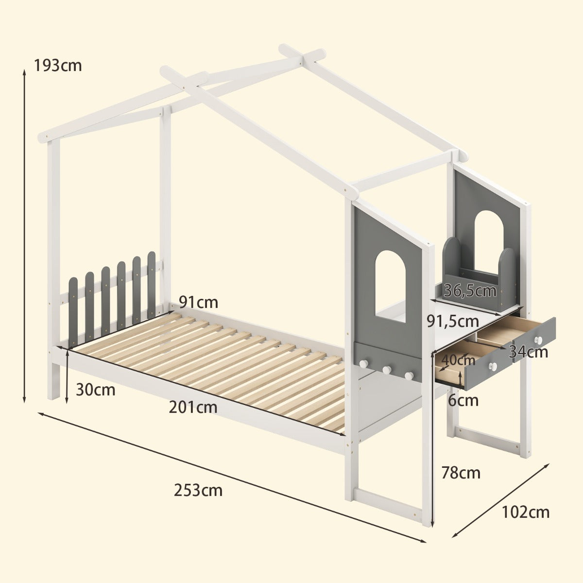 LIVSK Huisvormig Bedframe met Bureau - Massief Hout - Opberglades en Haken - Tot 150 kg - 200 x 90 cm - Wit + Grijs