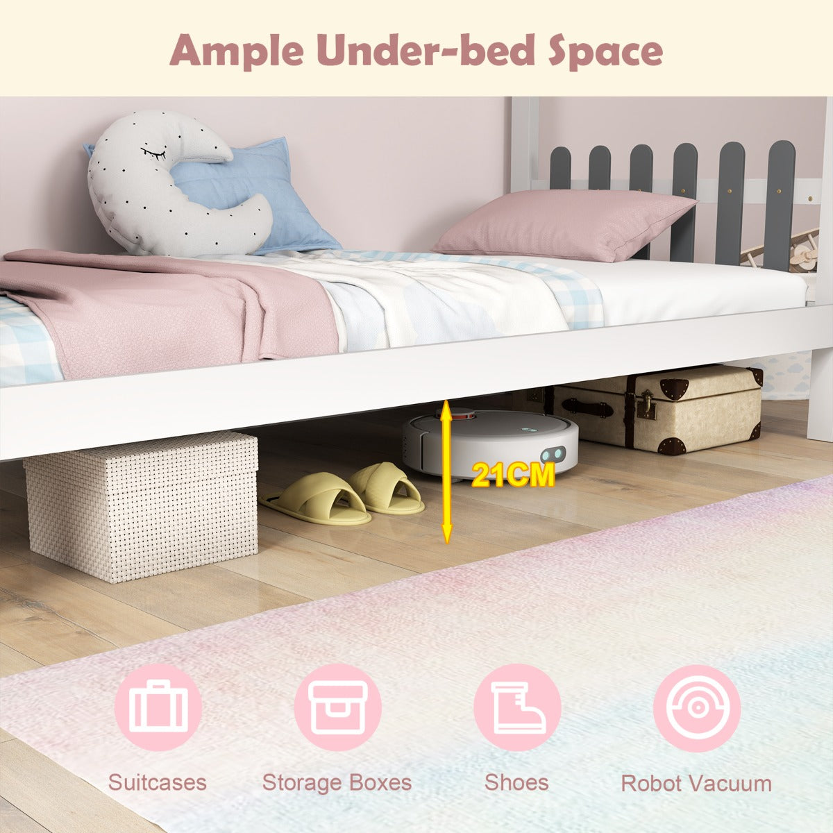LIVSK Huisvormig Bedframe met Bureau - Massief Hout - Opberglades en Haken - Tot 150 kg - 200 x 90 cm - Wit + Grijs