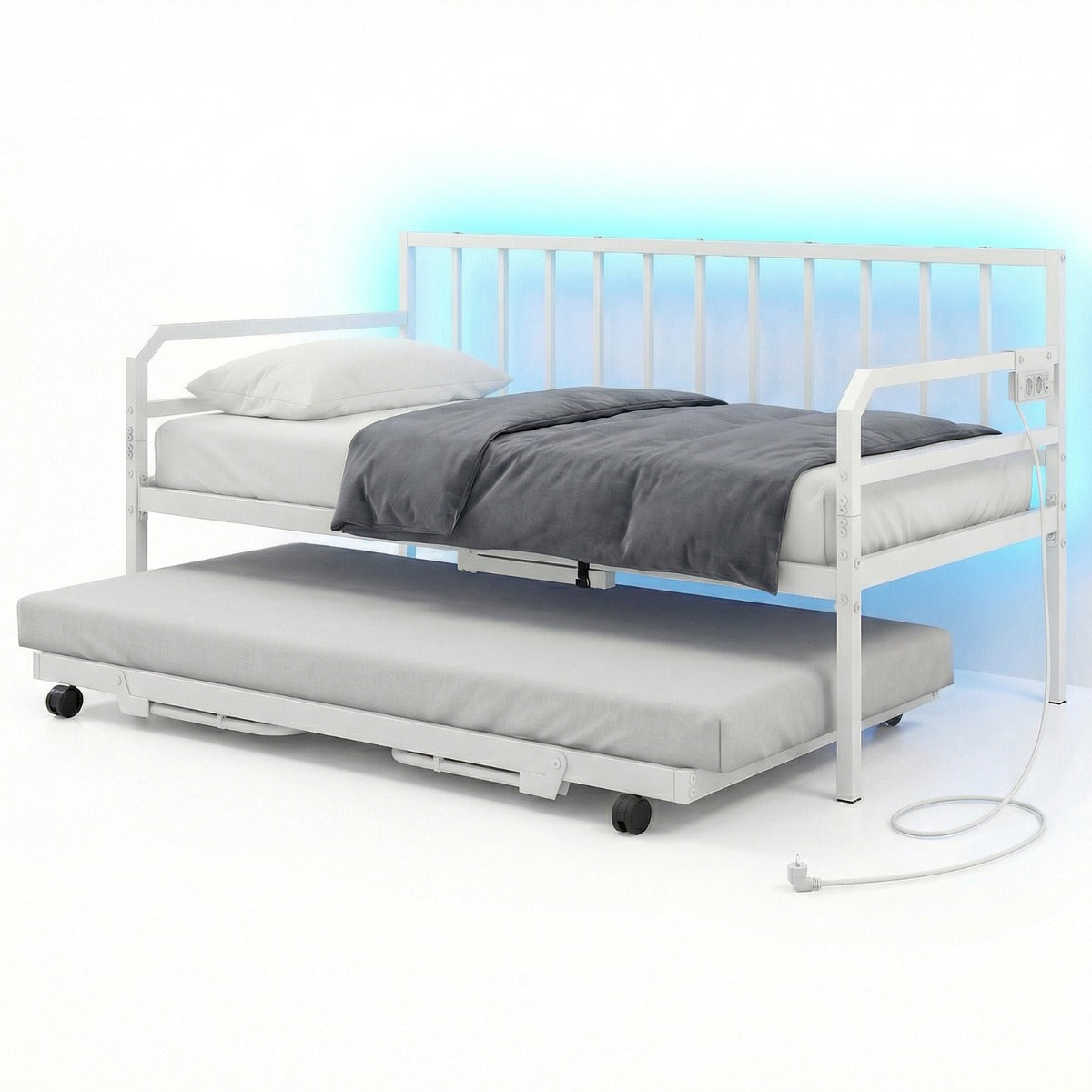 Livsk costway eenpersoonsdagbed met led verlichting en oplaadstation metalen slaapbankframe met uitschuifbaar onderschuifbed wit