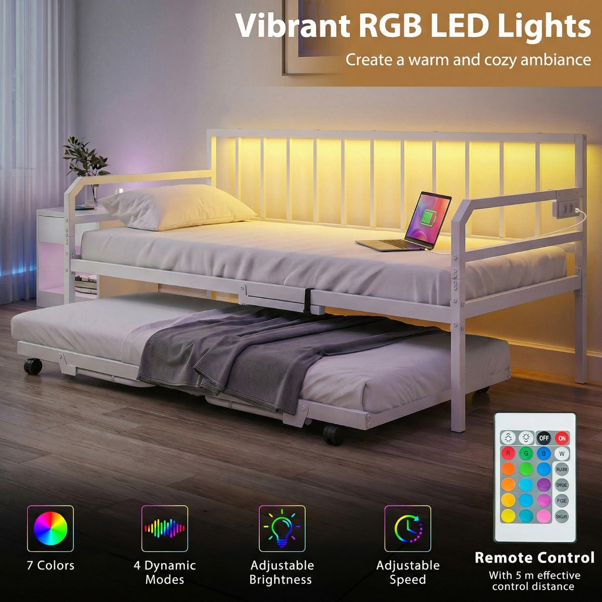 Livsk costway eenpersoonsdagbed met led verlichting en oplaadstation metalen slaapbankframe met uitschuifbaar onderschuifbed wit