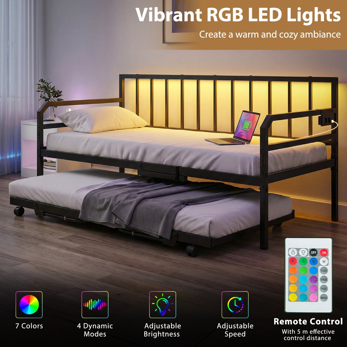 Livsk costway eenpersoonsdagbed met led verlichting en oplaadstation metalen slaapbankframe met uitschuifbaar onderschuifbed zwart