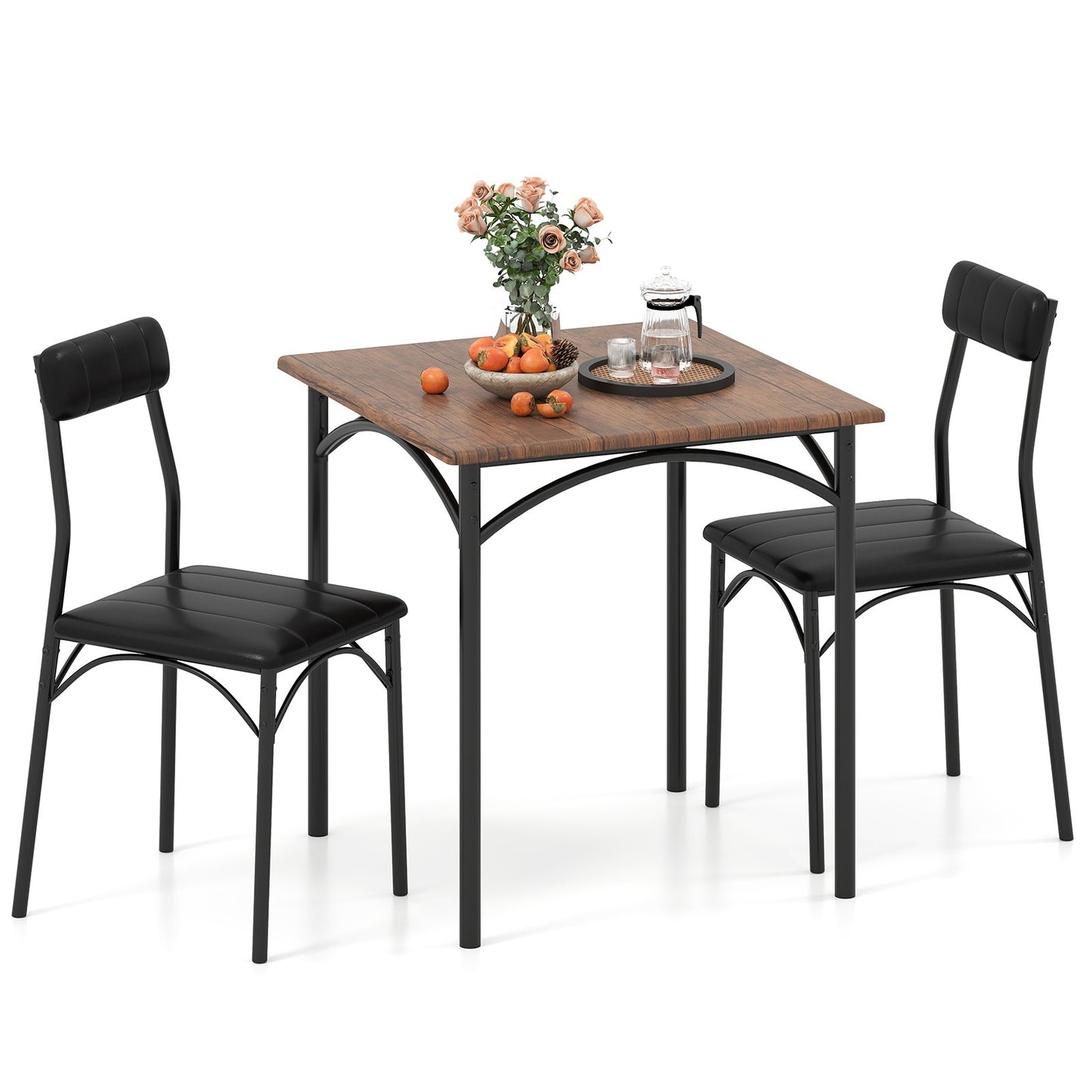 LIVSK 3-delige Eethoekset - Ruimtebesparend met Gevoerde Stoelen - Stevig Metalen Frame - Onderhoudsvriendelijk - Zwart + Rustiek