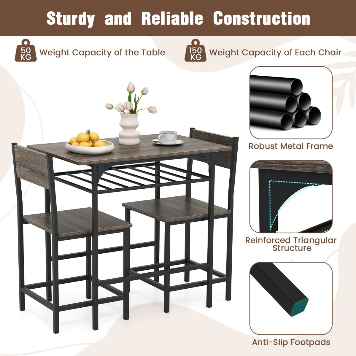 LIVSK 3-delige Eetset - Tafel 80 x 52,5 x 77 cm en 2 Stoelen - Waterbestendig - Ingebouwd Opbergrek - Grijs