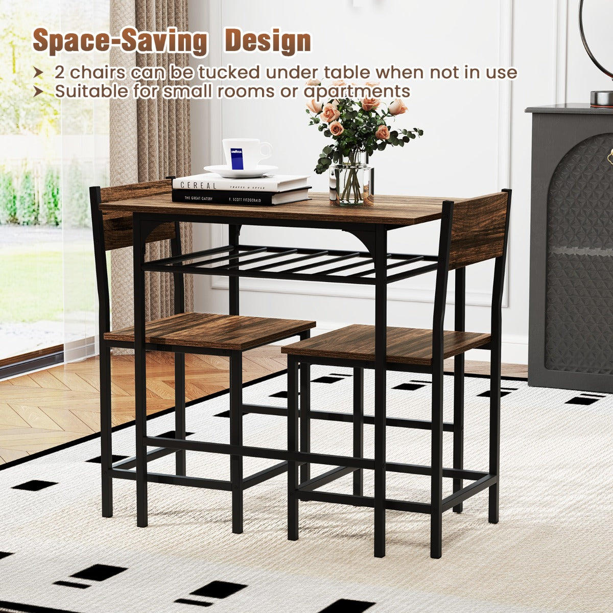 LIVSK 3-delige Eetset - Tafel 80 x 52,5 x 77 cm en 2 Stoelen - Waterbestendig en Ruimtebesparend - Bruin